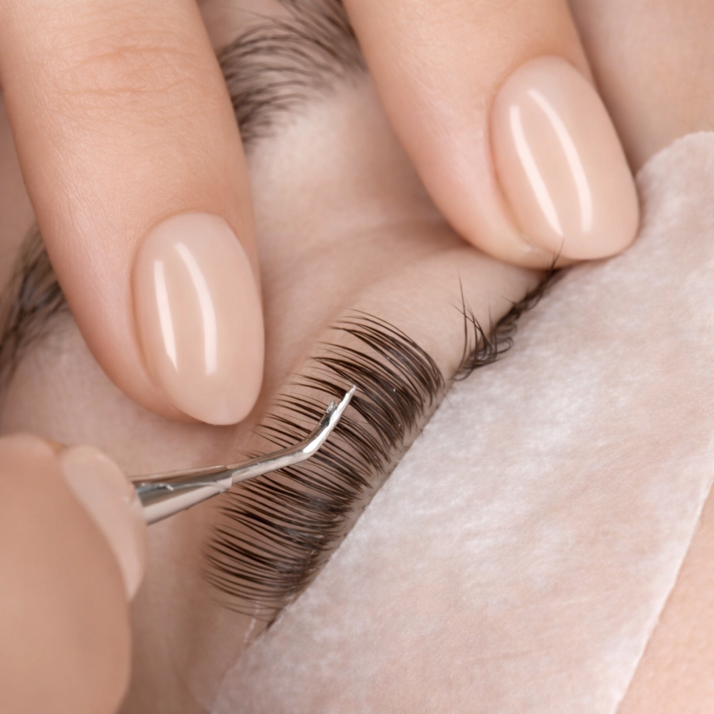 Eyelash extensions being applied with precision tweezers — lash specialist Kent