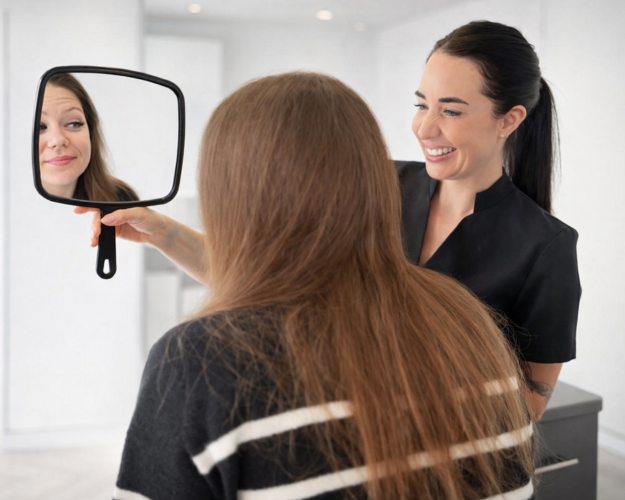 Client admiring lash treatment results in a mirror at a beauty studio in Ashford Kent