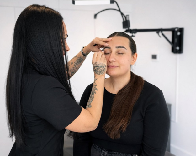 Lash and brow trainer demonstrating eyebrow mapping technique during a training course in Kent